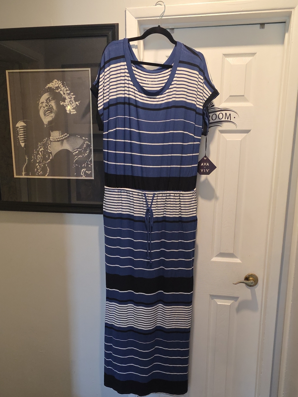 Ava & Viv Navy and White Striped Drawstring Maxi Dress